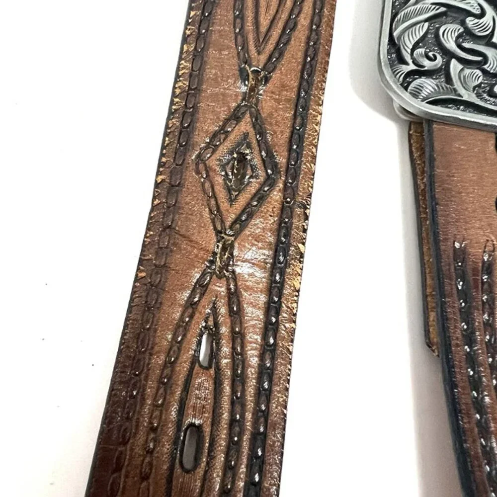 Men’s Western Tooled Top Grain Leather Belt Removable Buckle‎ Sz 38 Made in USA